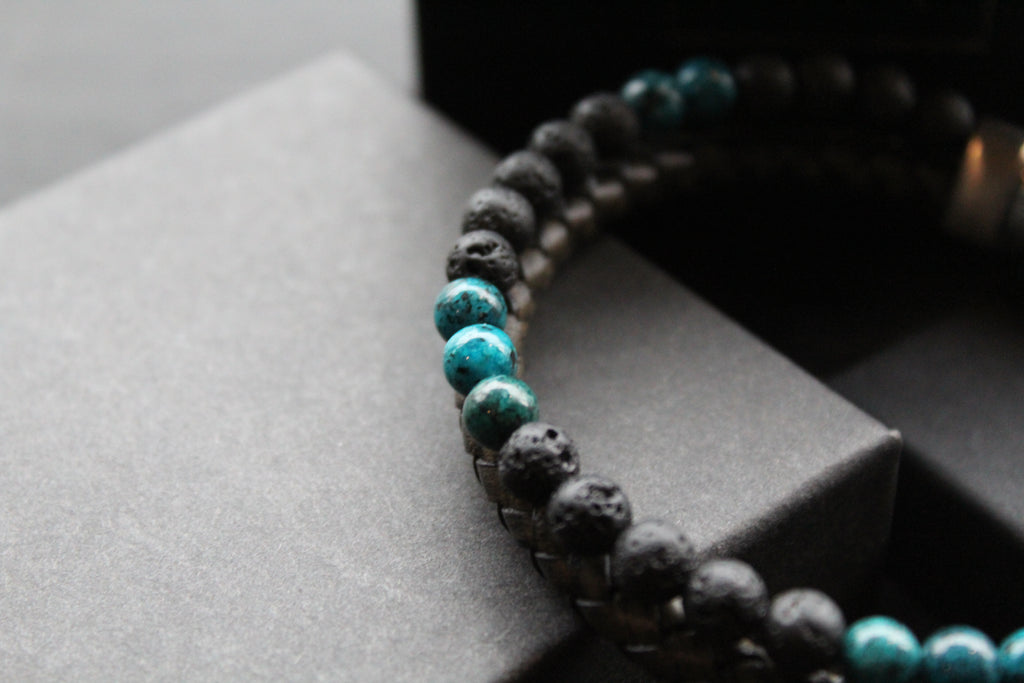 Black Leather Bracelet with Lava Stone & Turquoise coloured Beads