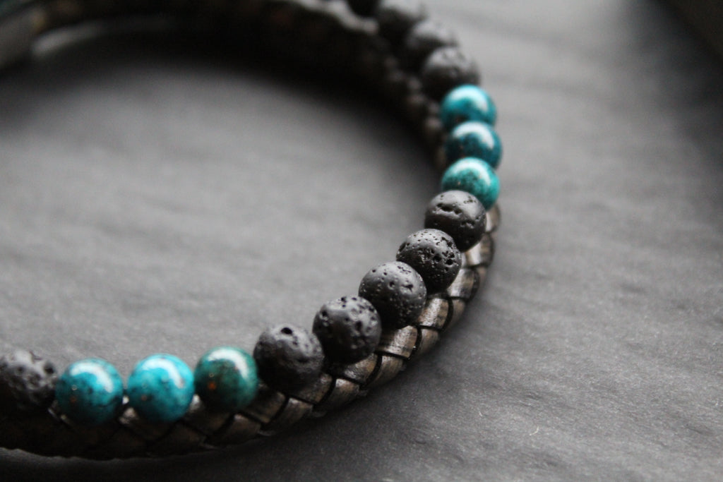 Black Leather Bracelet with Lava Stone & Turquoise coloured Beads
