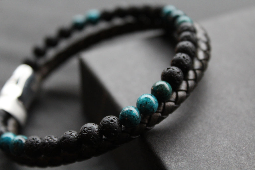 Black Leather Bracelet with Lava Stone & Turquoise coloured Beads