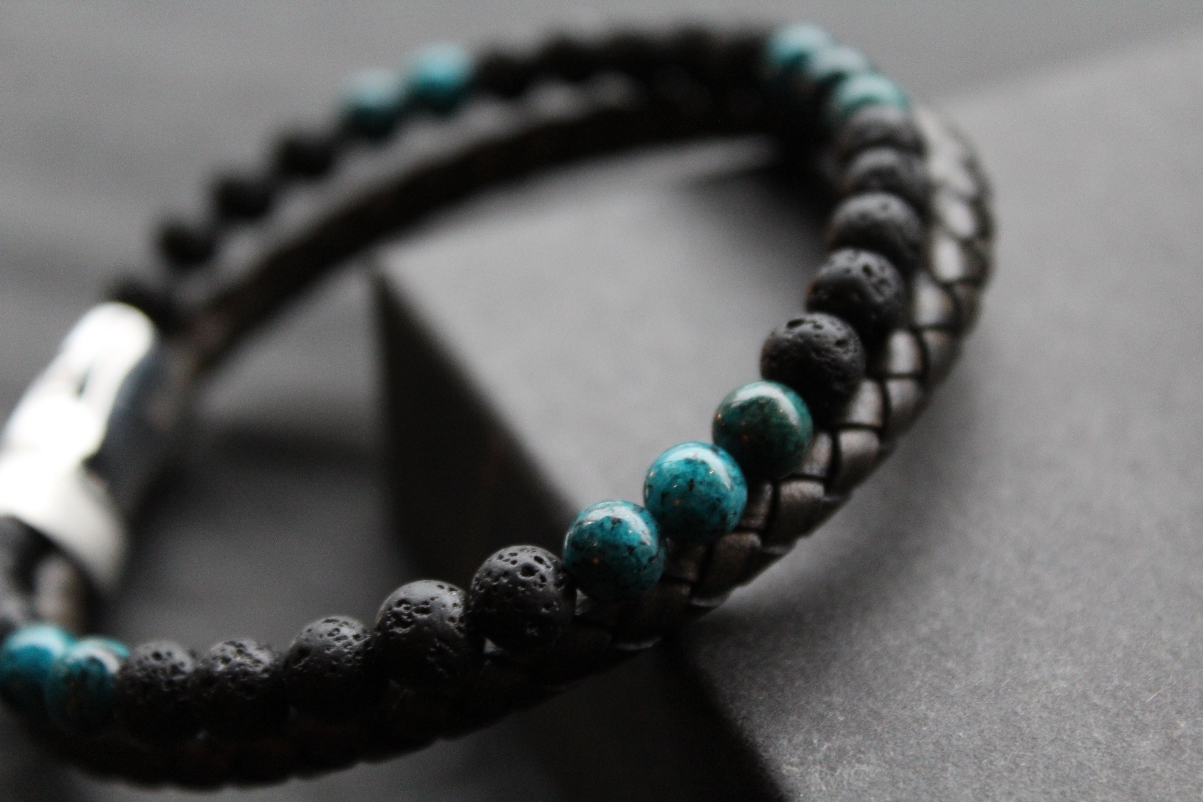Black Leather Bracelet with Lava Stone & Turquoise coloured Beads