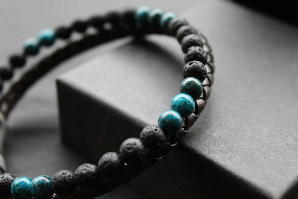 Black Leather Bracelet with Lava Stone & Turquoise coloured Beads