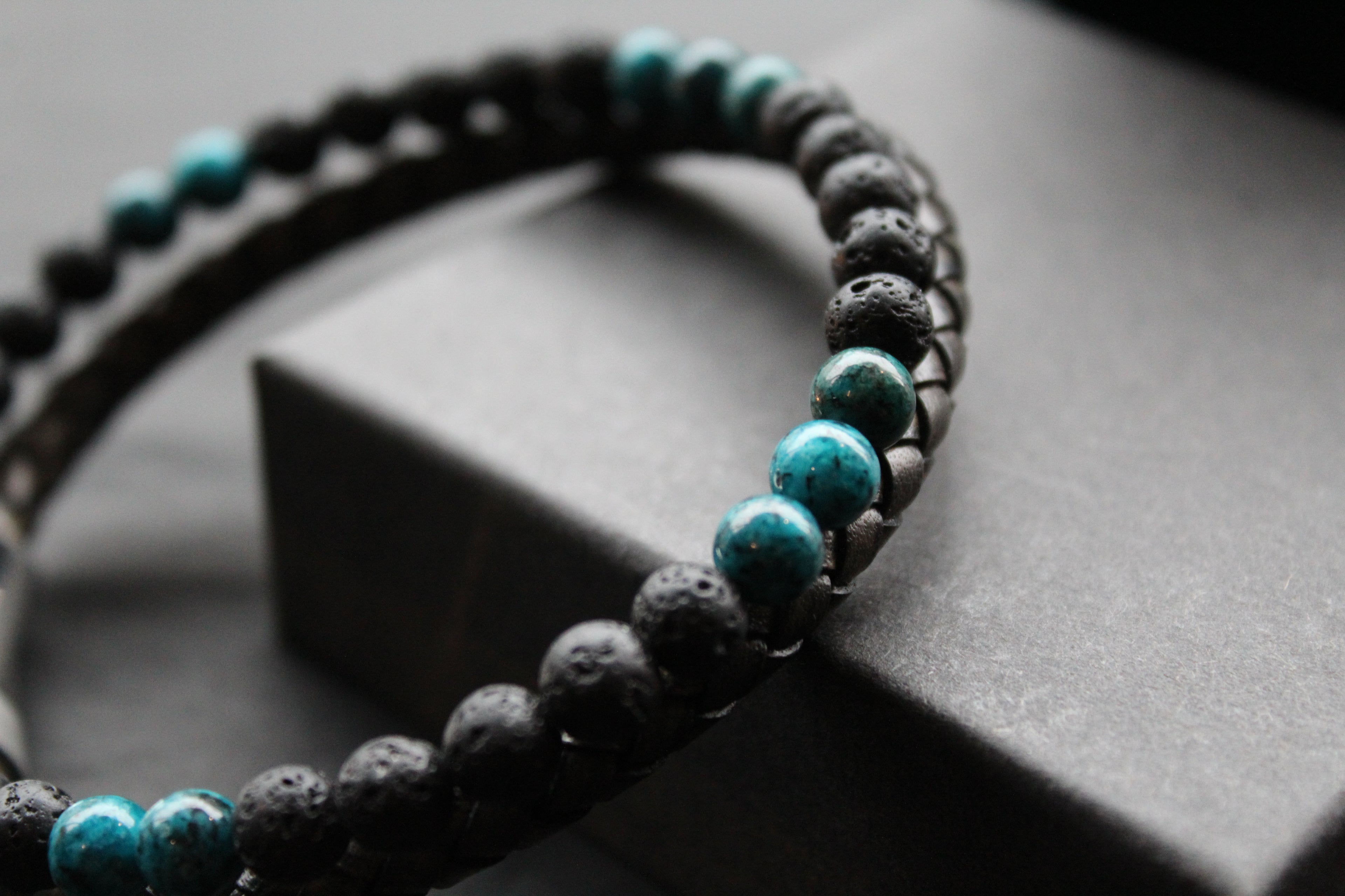 Black Leather Bracelet with Lava Stone & Turquoise coloured Beads