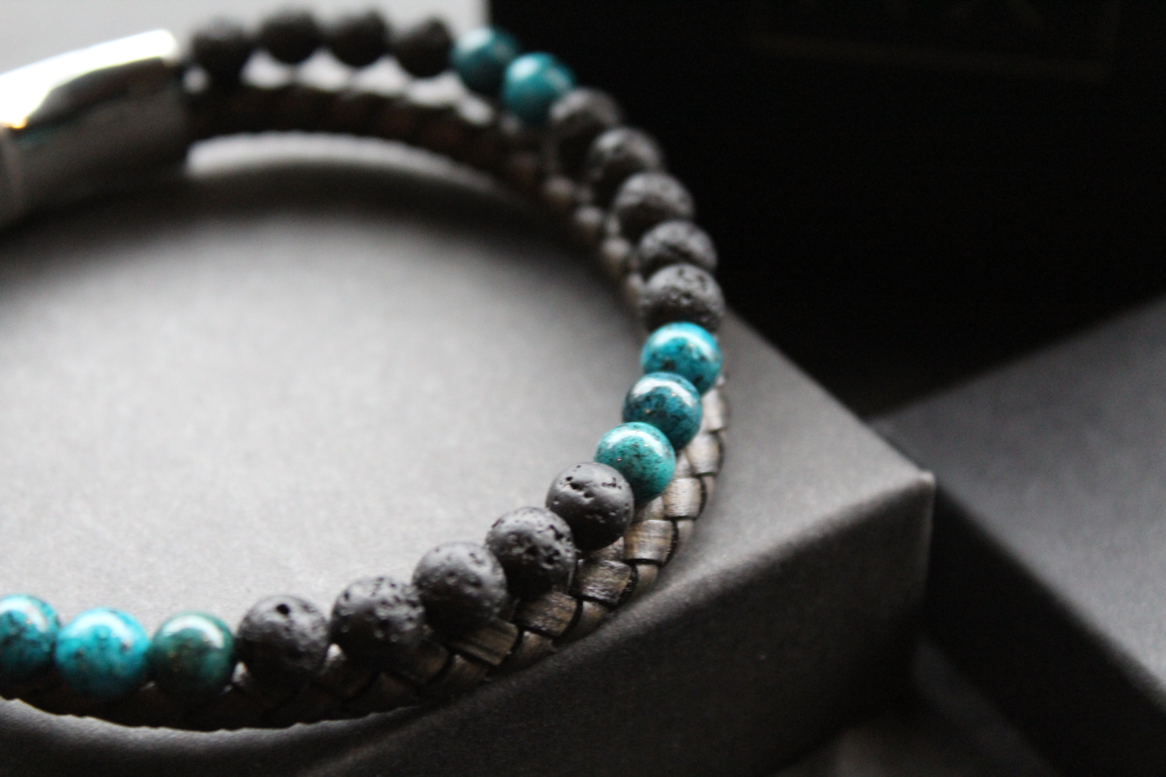 Black Leather Bracelet with Lava Stone & Turquoise coloured Beads