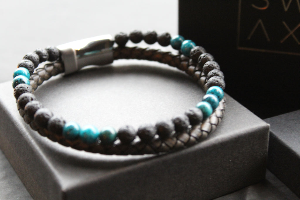 Black Leather Bracelet with Lava Stone & Turquoise coloured Beads