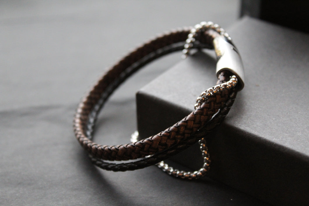 Black & Brown Leather Bracelet with Steel Chain