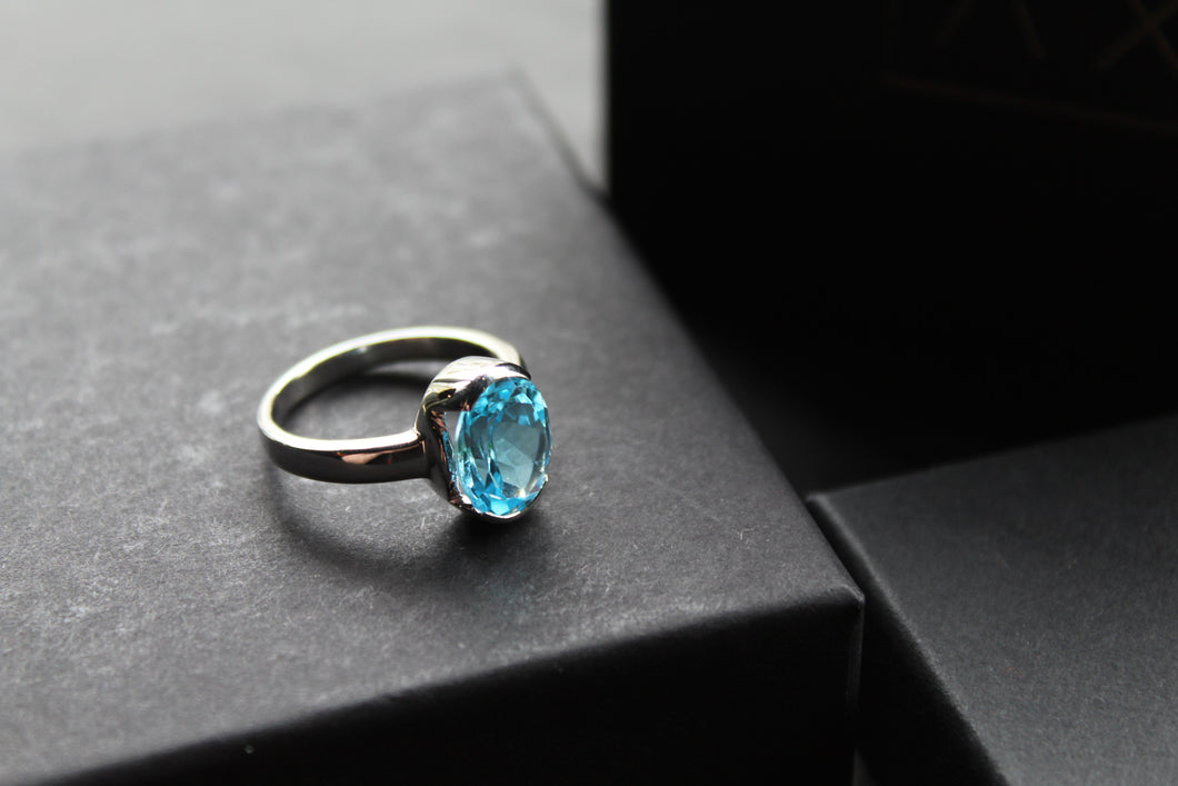 Blue Topaz Cocktail Ring with Rhodium Plate