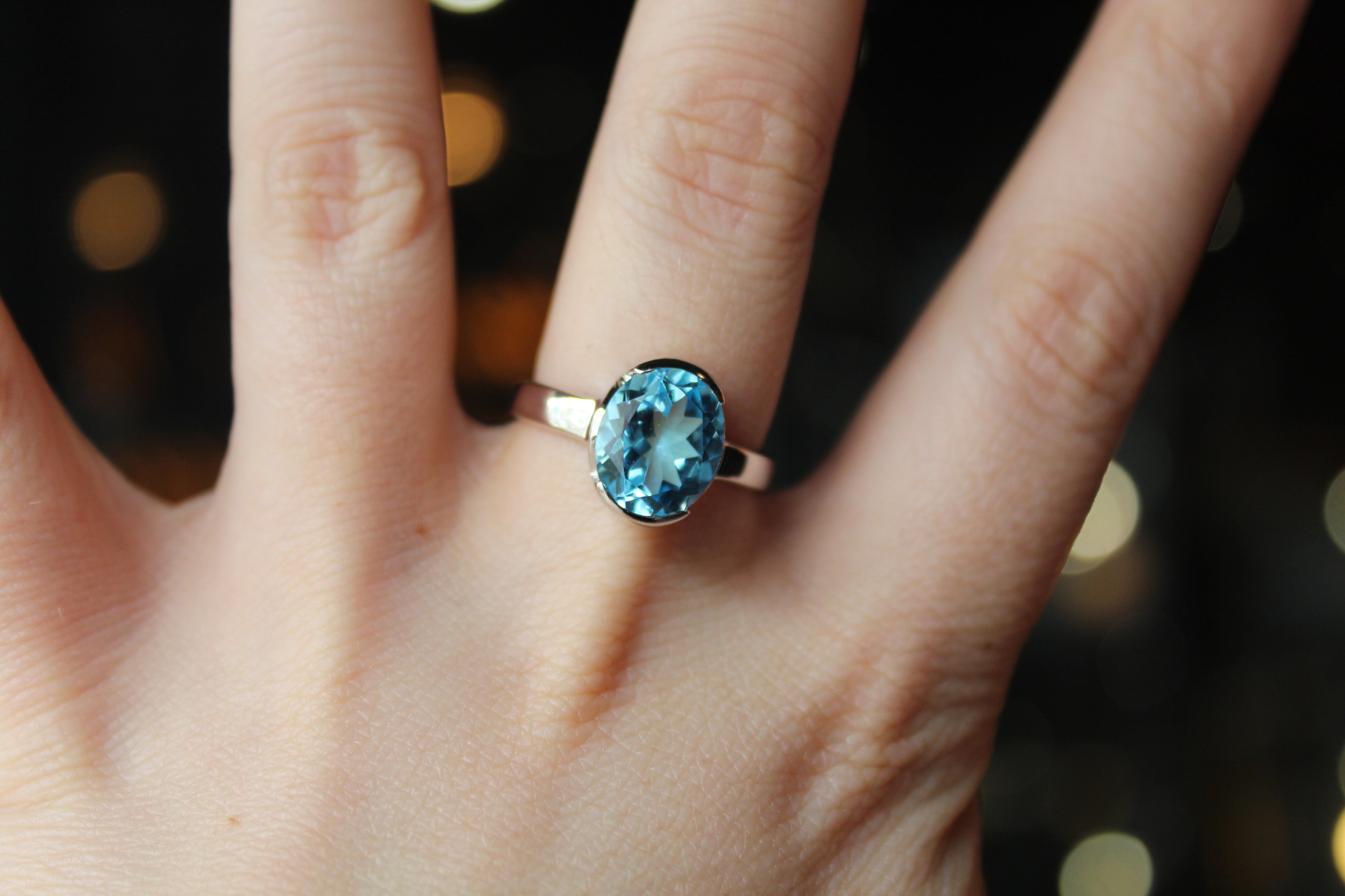 Blue Topaz Cocktail Ring with Rhodium Plate