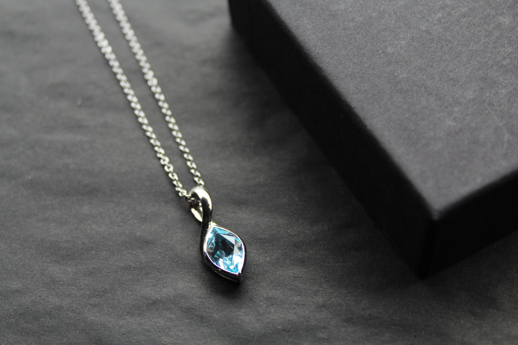 Blue Topaz Leaf Drop Pendant & Chain