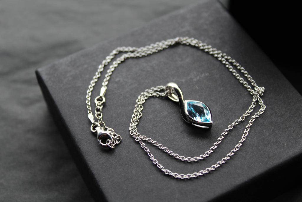Blue Topaz Leaf Drop Pendant & Chain
