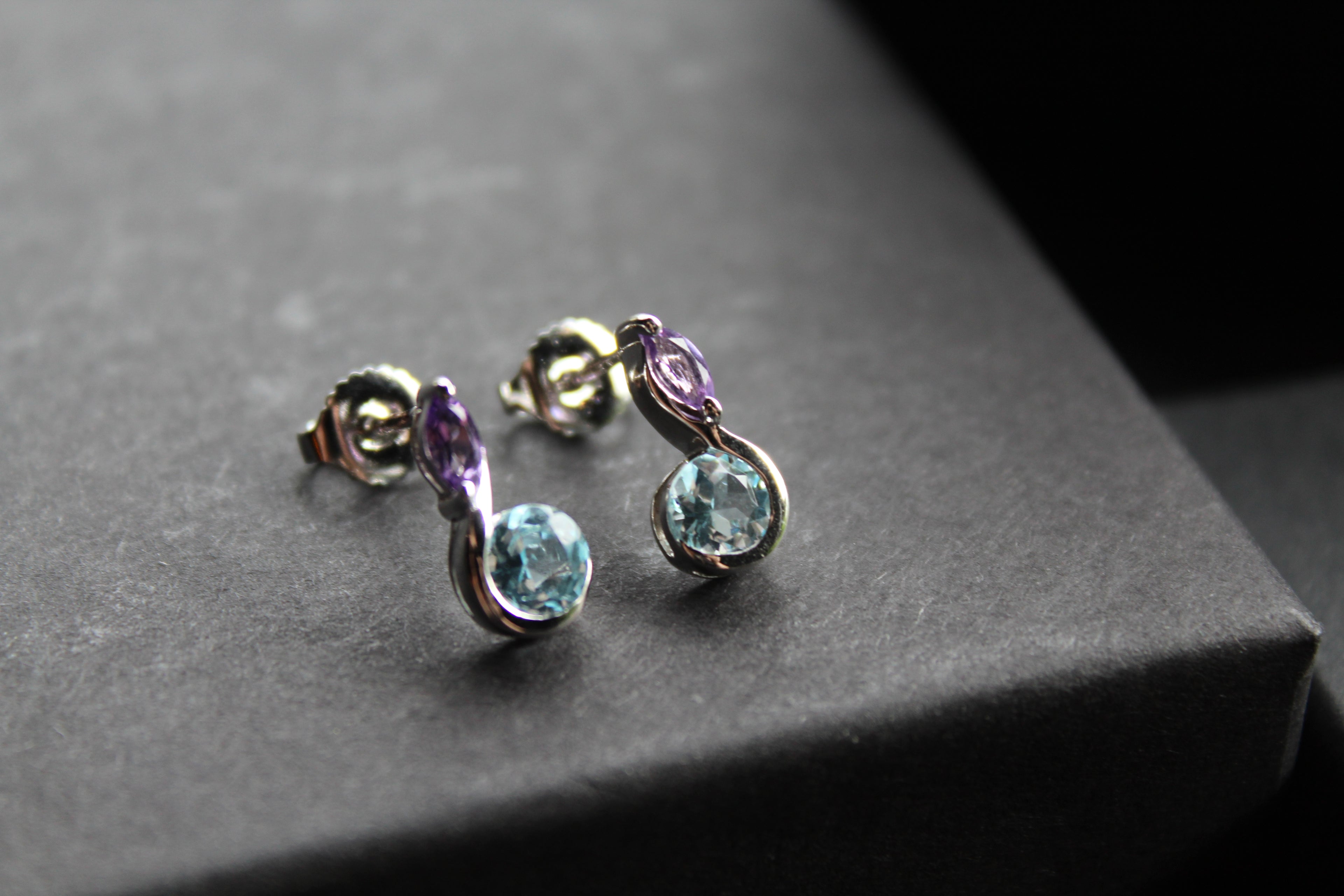 Blue Topaz & Amethyst Double Drop Earrings