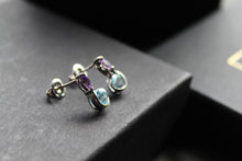 Load image into Gallery viewer, Blue Topaz &amp; Amethyst Double Drop Earrings
