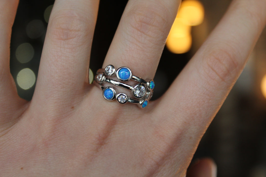 Cubic Zirconia & Blue Opalique Triple Band Ring