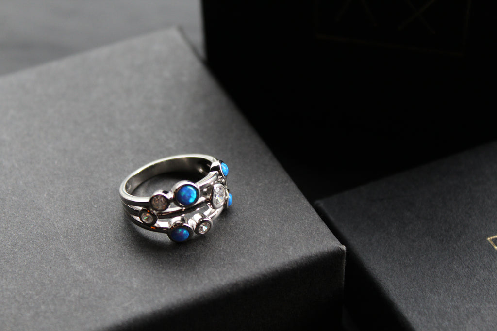 Cubic Zirconia & Blue Opalique Triple Band Ring