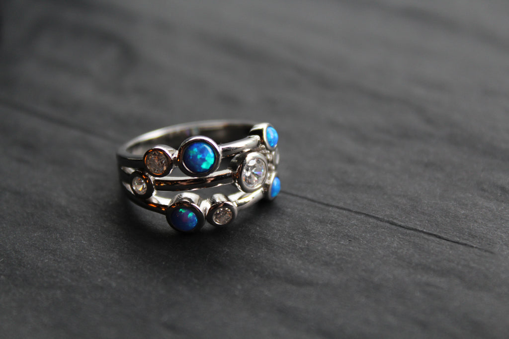 Cubic Zirconia & Blue Opalique Triple Band Ring