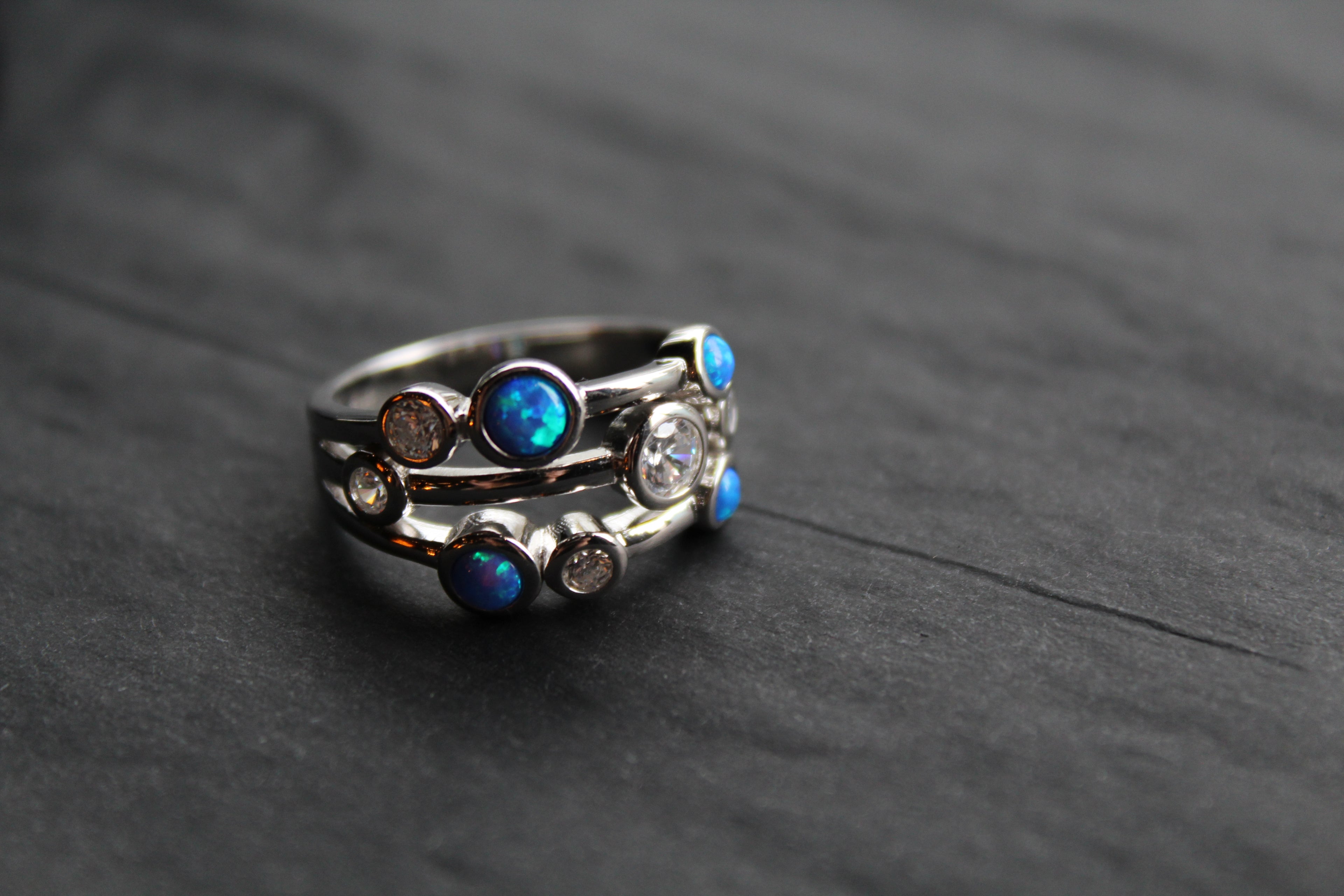 Cubic Zirconia & Blue Opalique Triple Band Ring