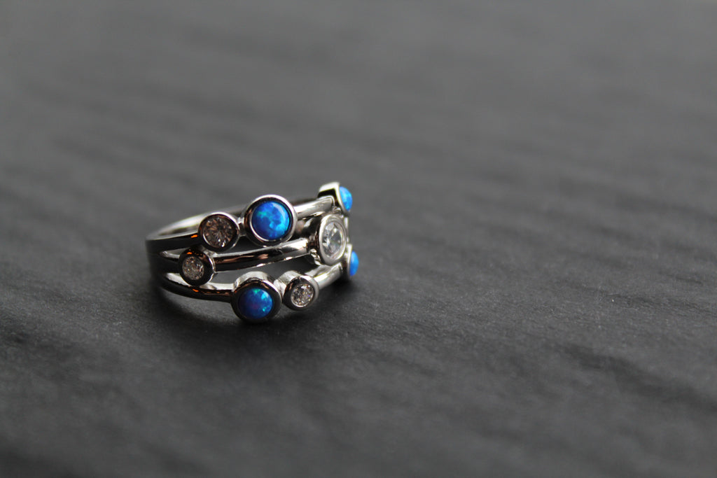 Cubic Zirconia & Blue Opalique Triple Band Ring