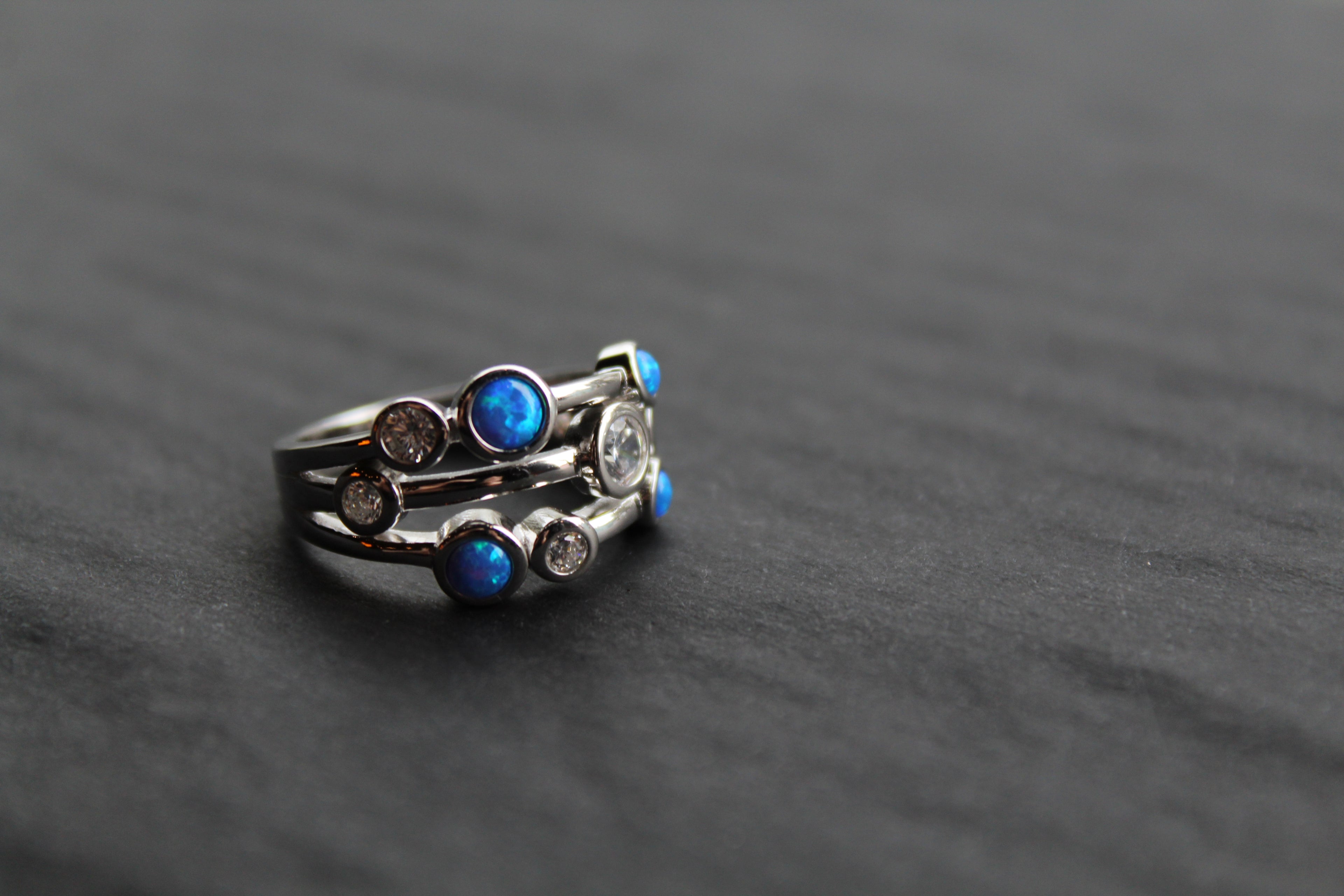 Cubic Zirconia & Blue Opalique Triple Band Ring
