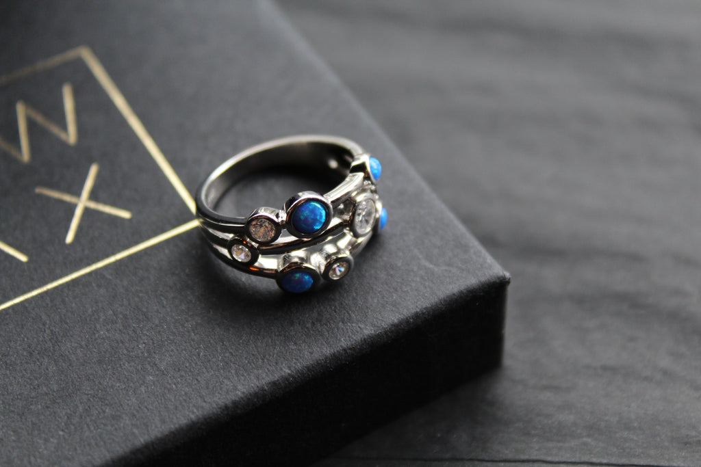 Cubic Zirconia & Blue Opalique Triple Band Ring