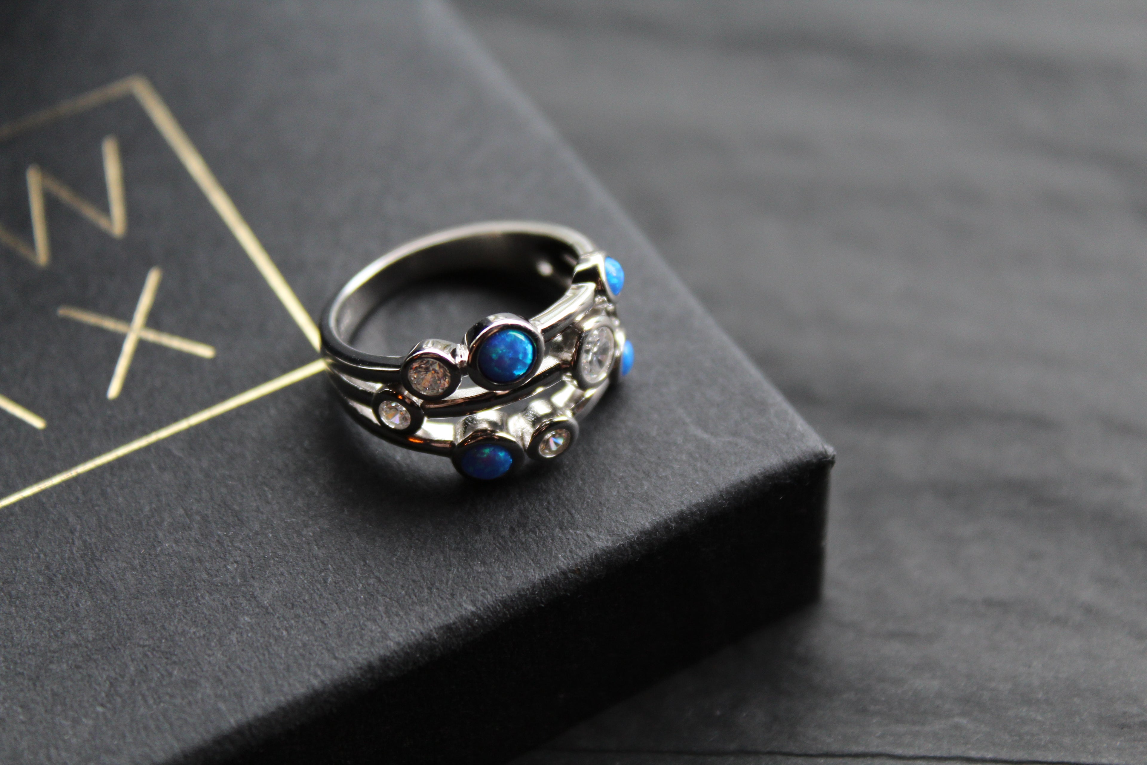 Cubic Zirconia & Blue Opalique Triple Band Ring