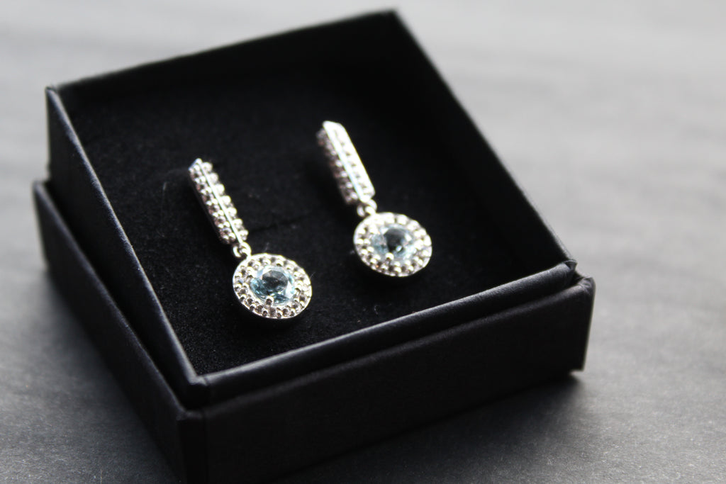 Dainty Blue & White Topaz Drop Earrings