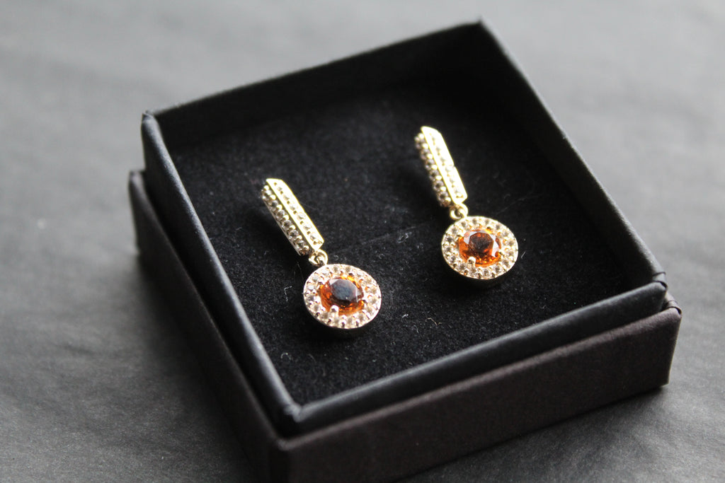 Dainty Gold Plated Citrine & White Topaz Drop Earrings