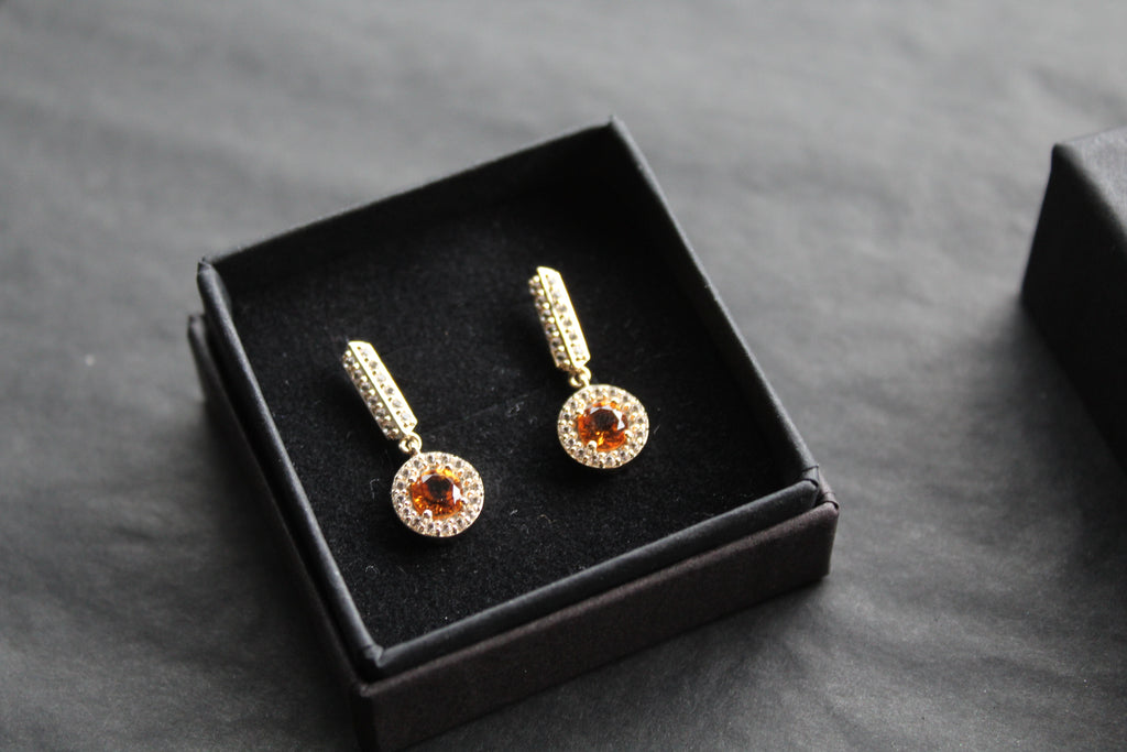Dainty Gold Plated Citrine & White Topaz Drop Earrings