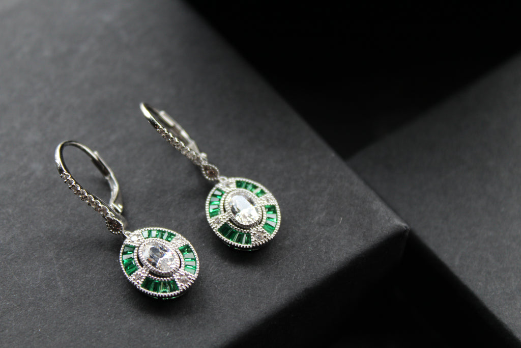 Deco Style Emerald Green Oval Earrings