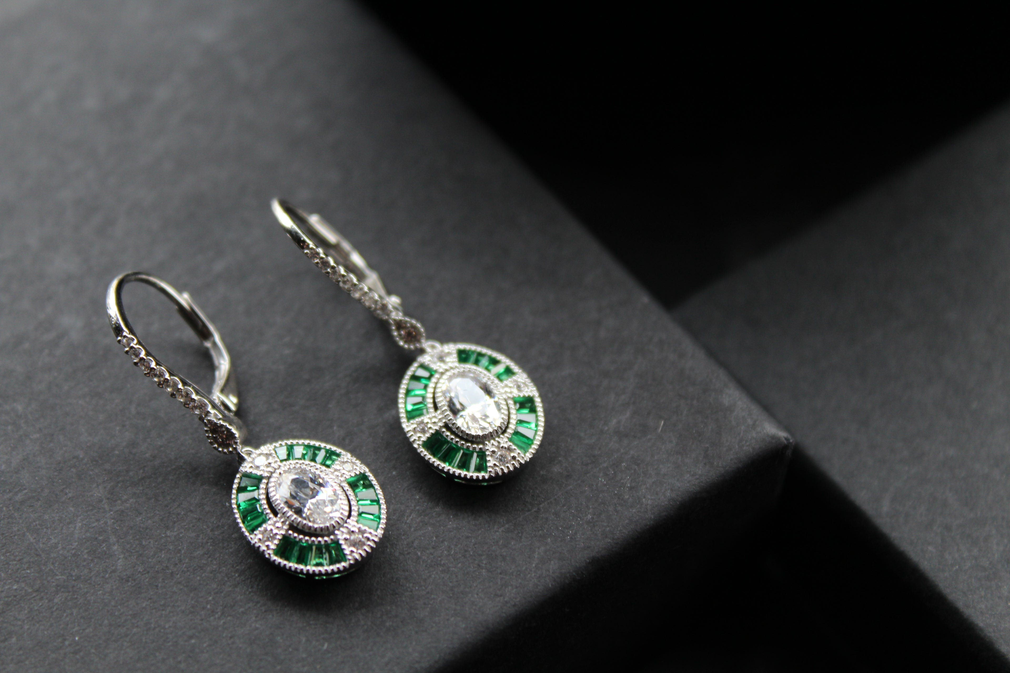 Deco Style Emerald Green Oval Earrings