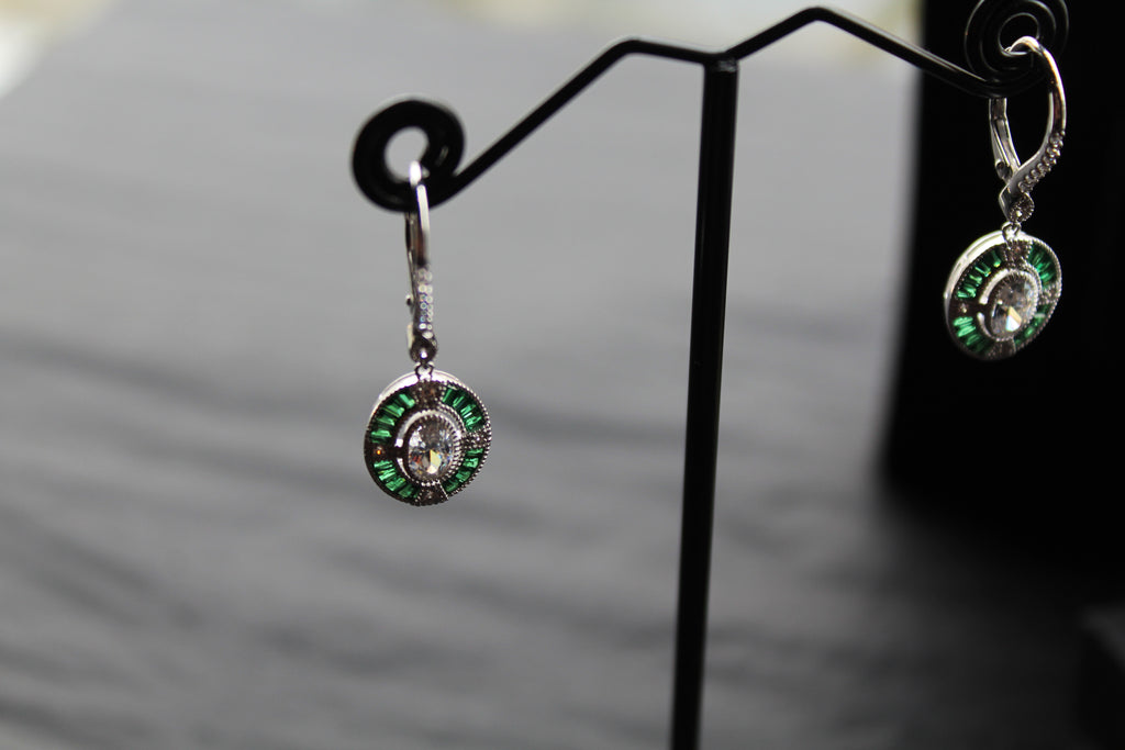 Deco Style Emerald Green Oval Earrings