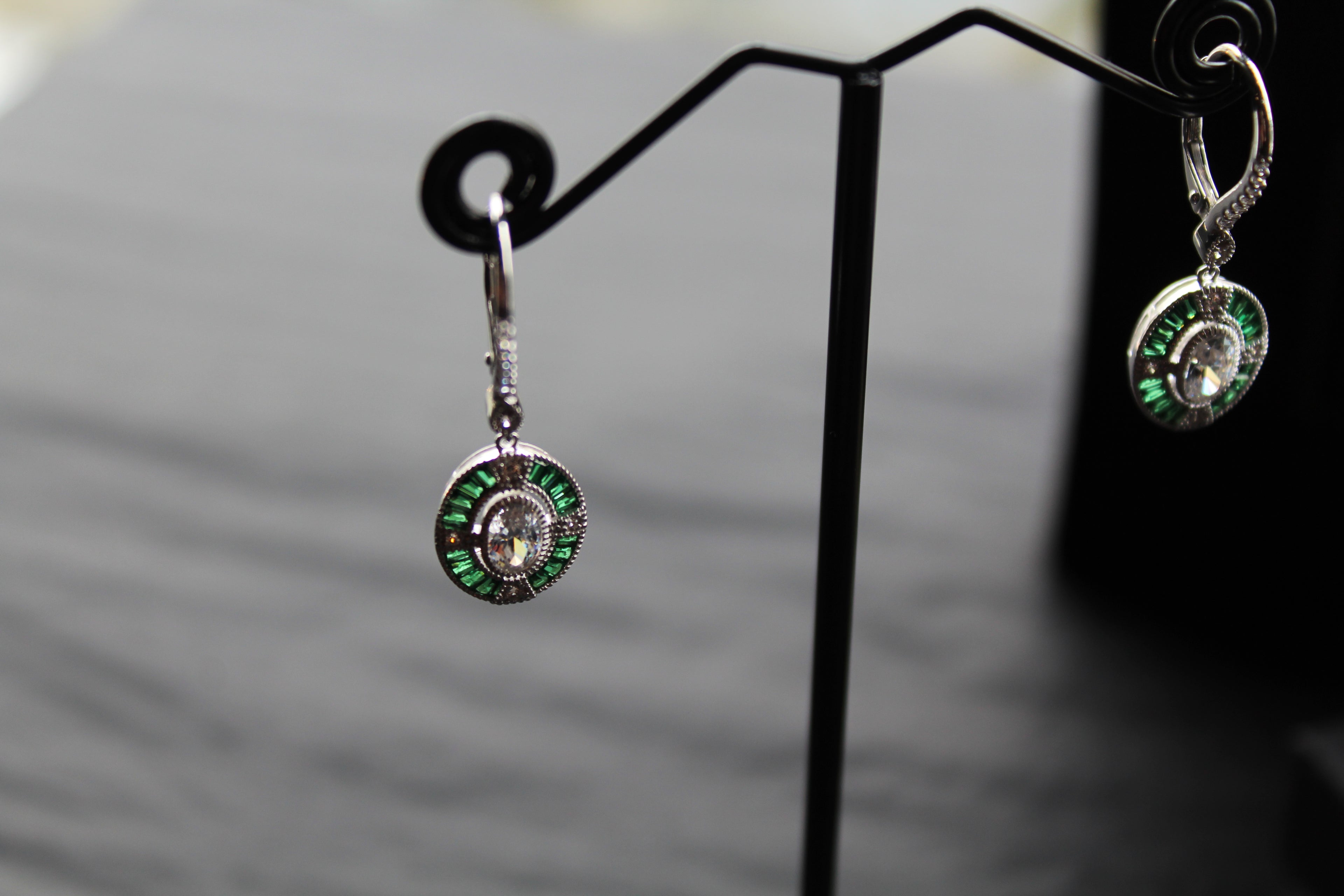 Deco Style Emerald Green Oval Earrings