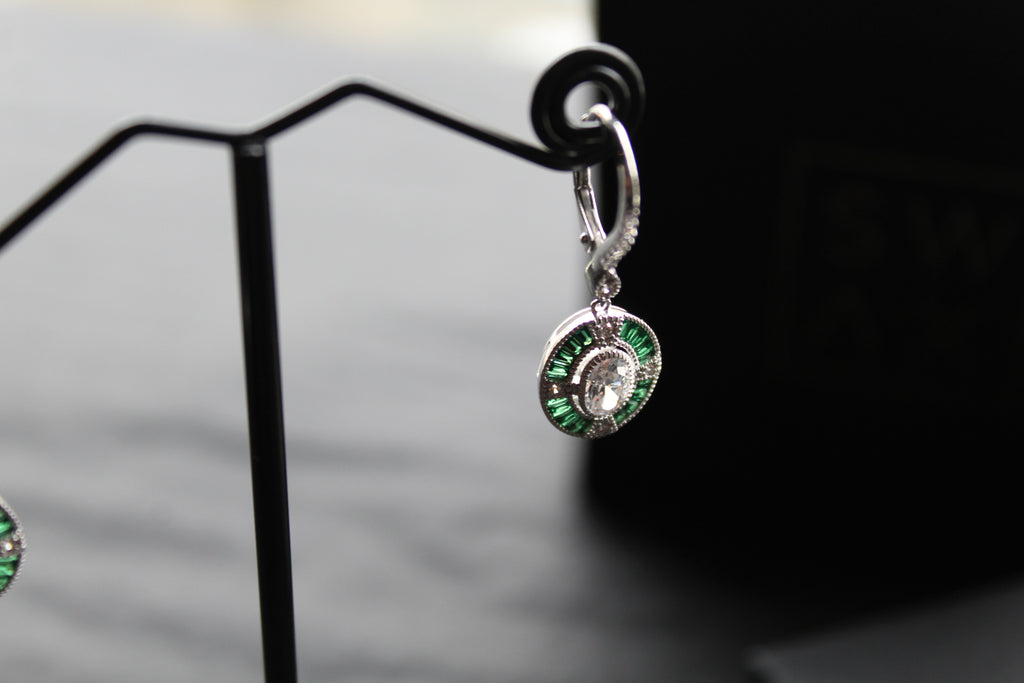 Deco Style Emerald Green Oval Earrings
