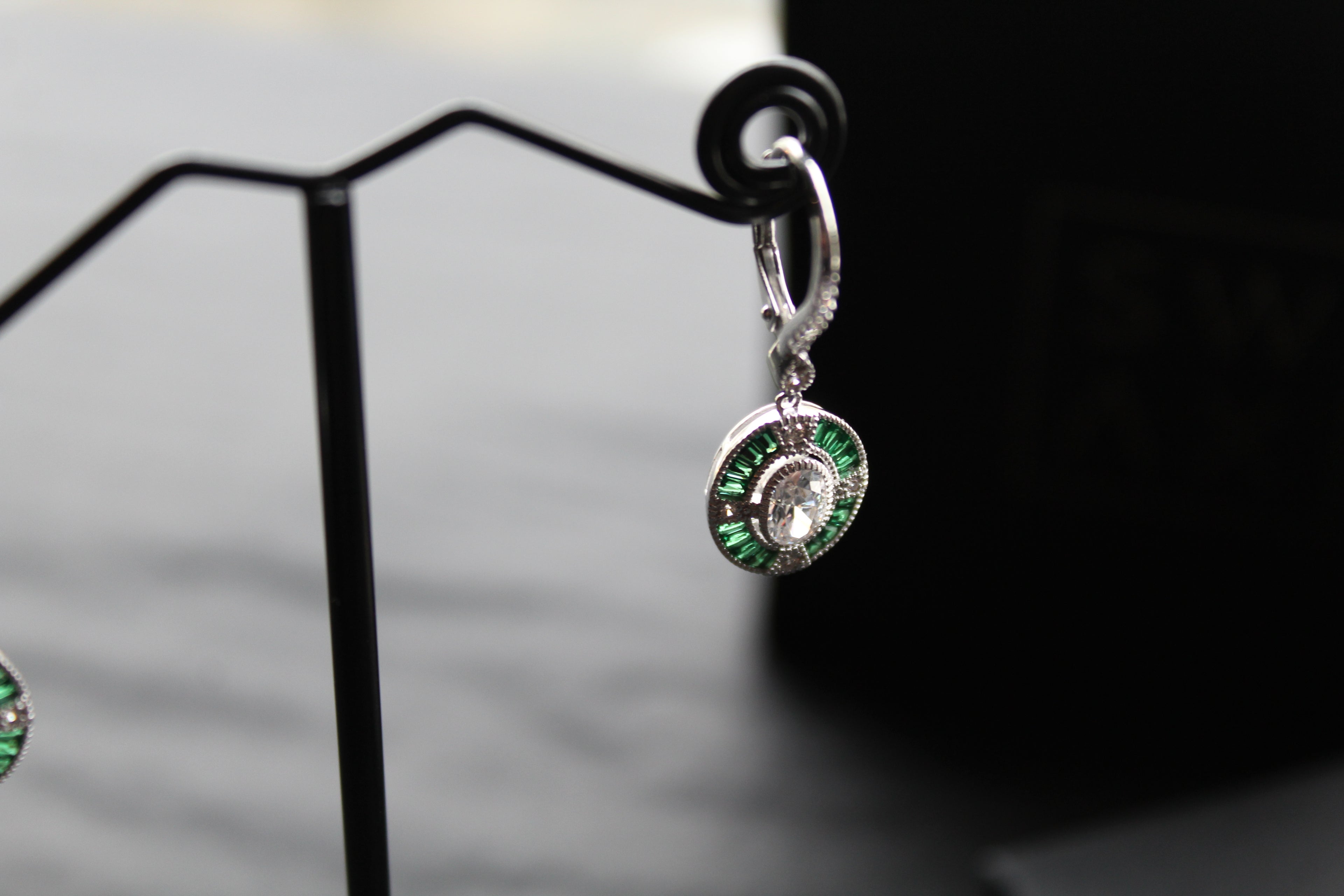 Deco Style Emerald Green Oval Earrings