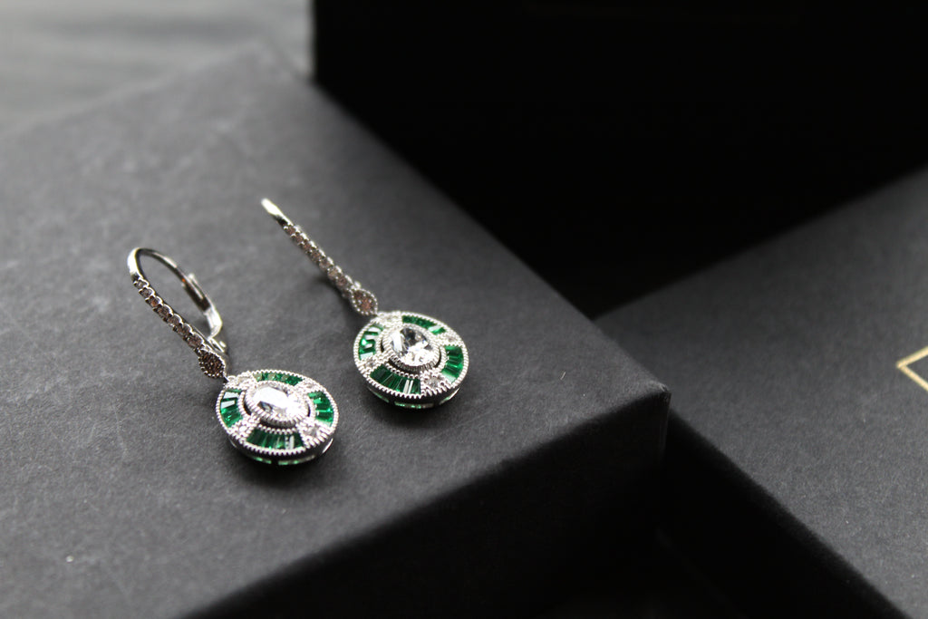 Deco Style Emerald Green Oval Earrings
