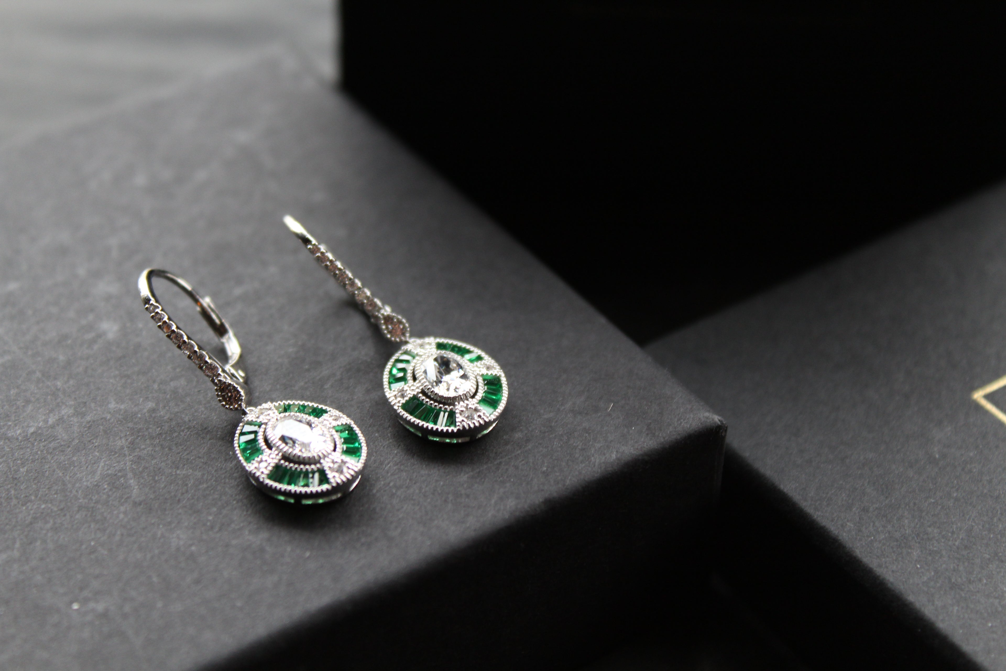Deco Style Emerald Green Oval Earrings