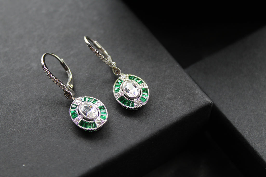 Deco Style Emerald Green Oval Earrings