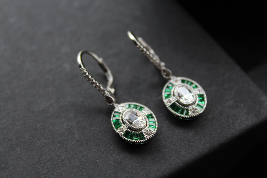 Deco Style Emerald Green Oval Earrings