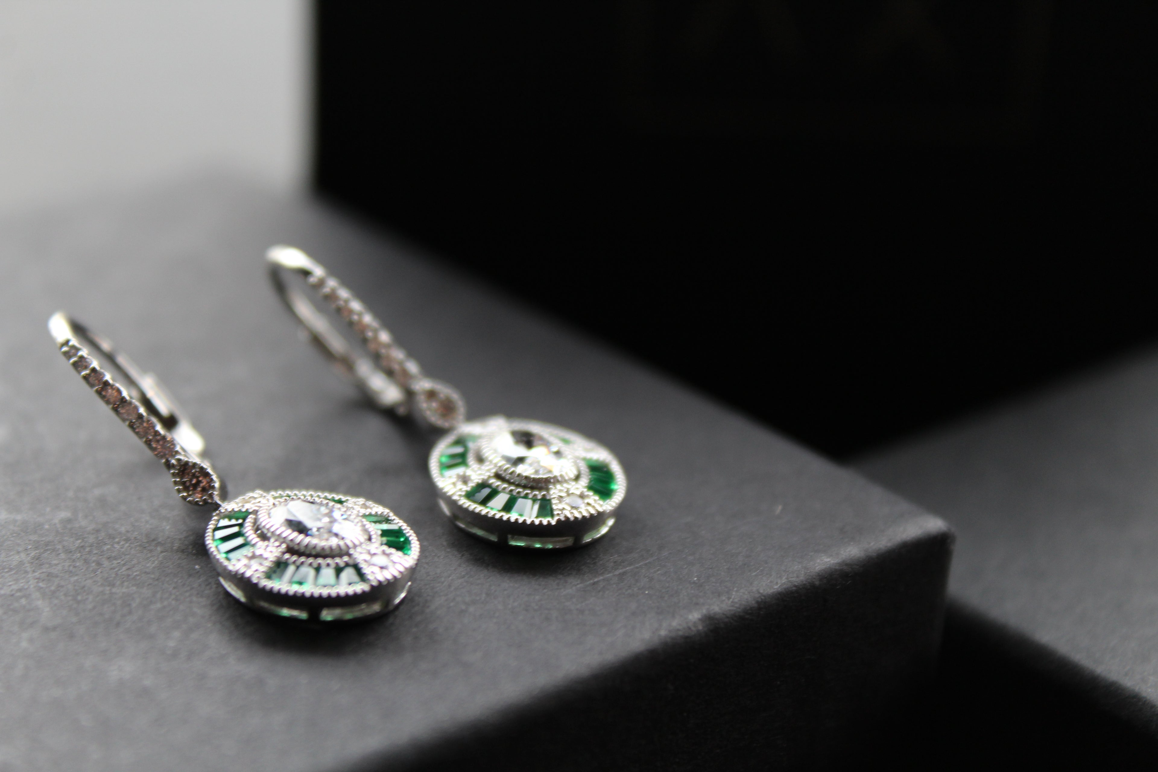 Deco Style Emerald Green Oval Earrings
