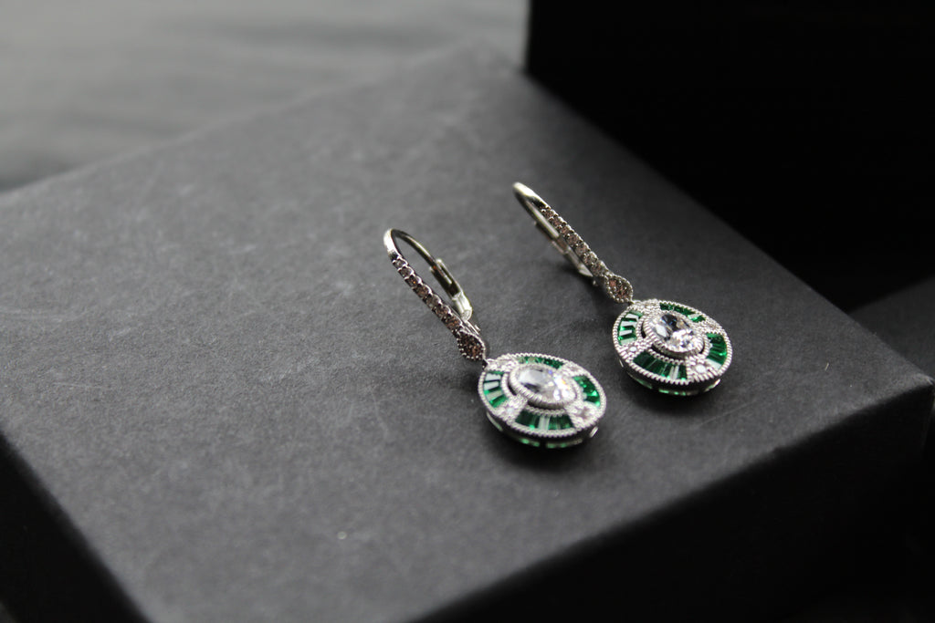 Deco Style Emerald Green Oval Earrings