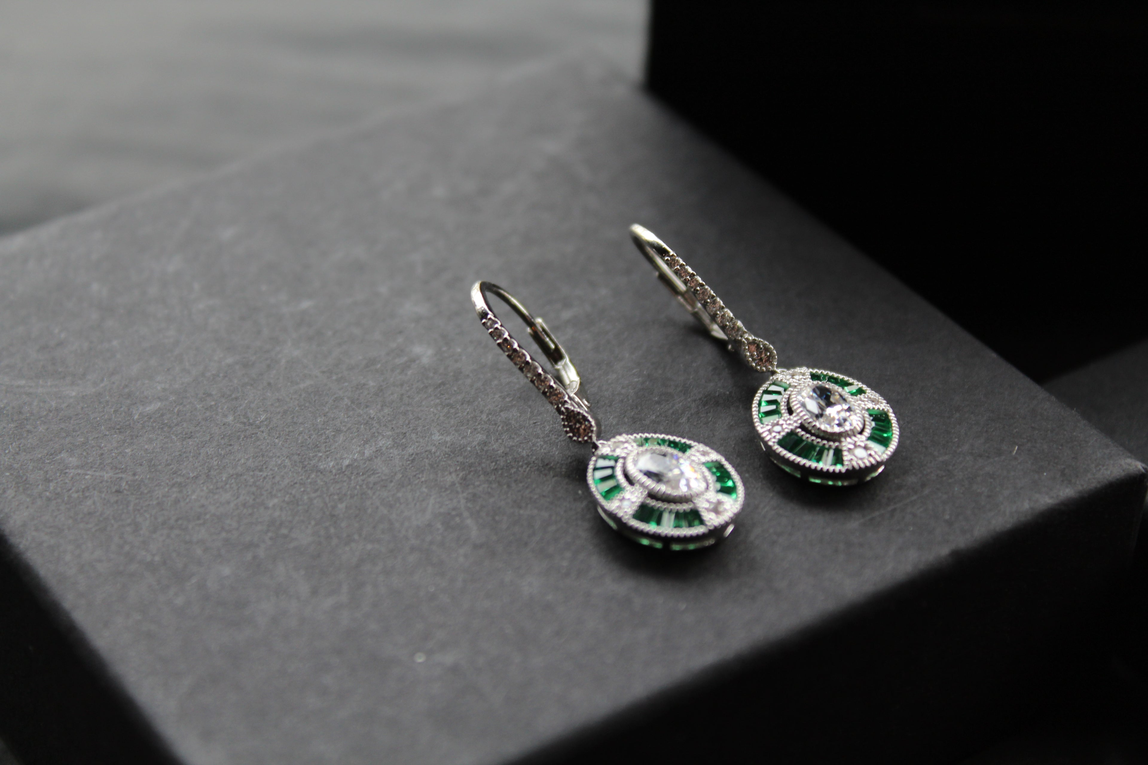 Deco Style Emerald Green Oval Earrings