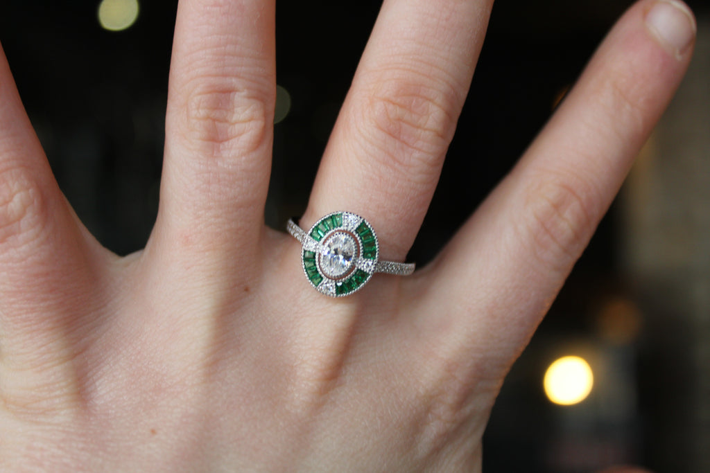 Deco Style Emerald Green Oval Ring