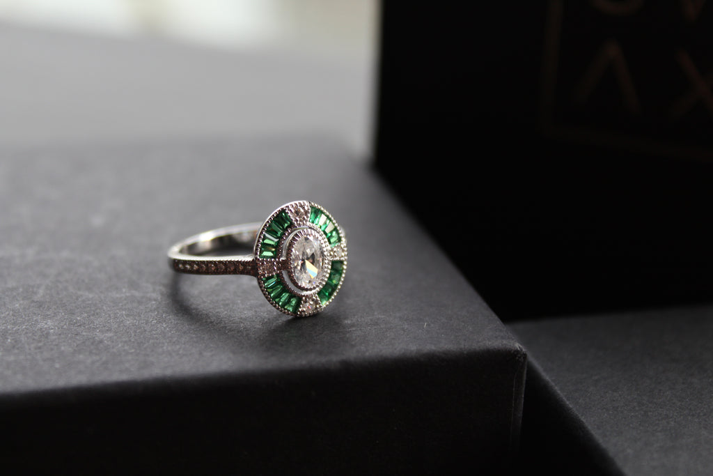 Deco Style Emerald Green Oval Ring