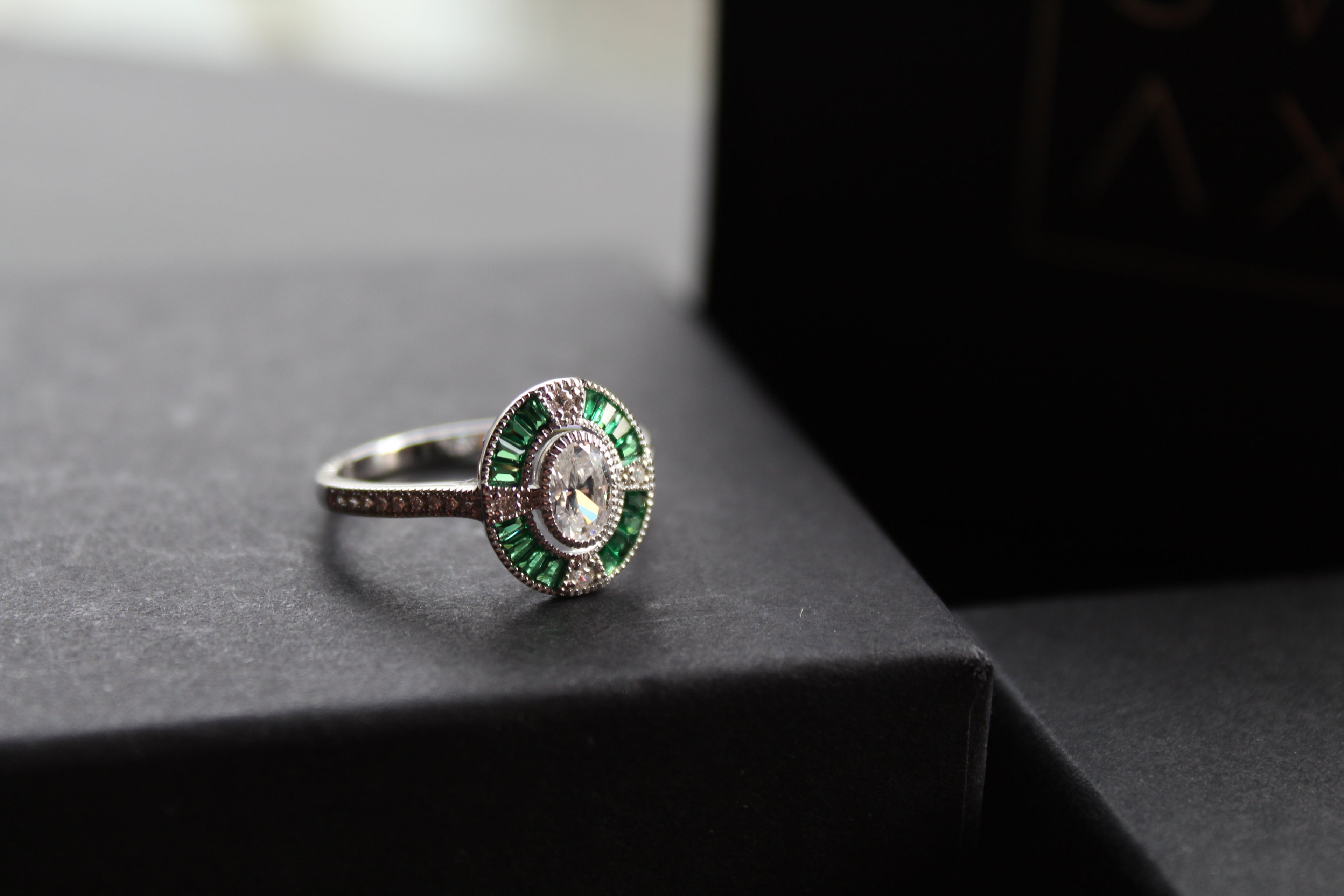 Deco Style Emerald Green Oval Ring