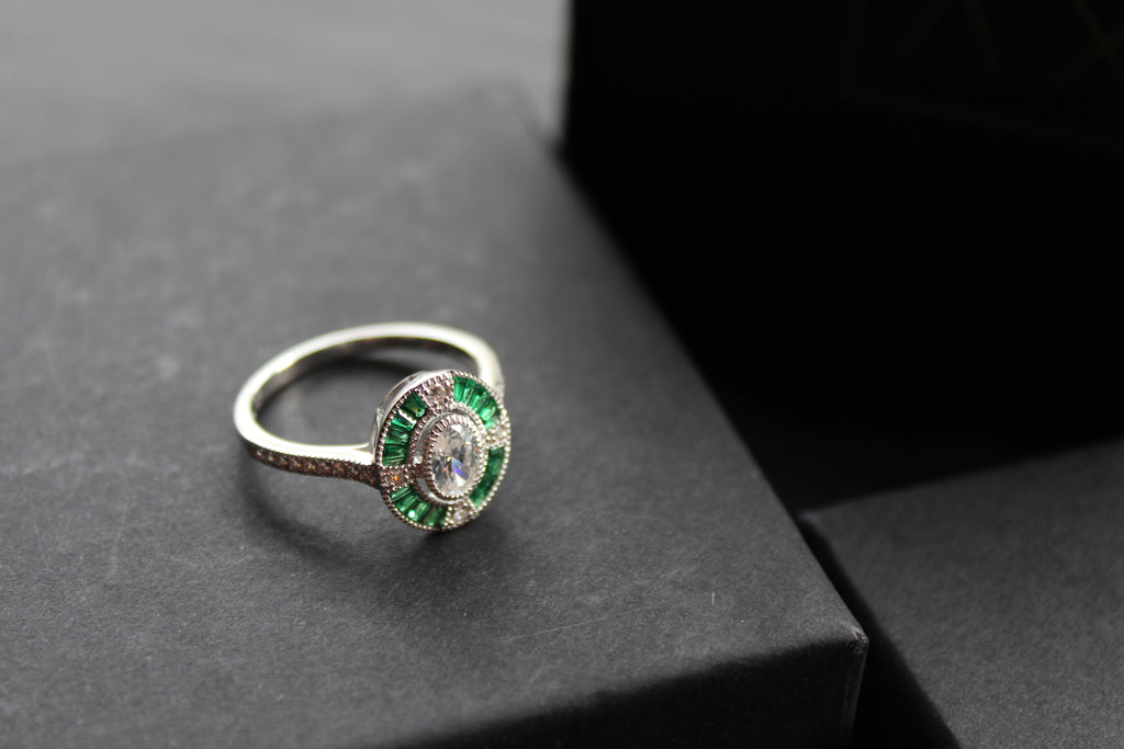 Deco Style Emerald Green Oval Ring