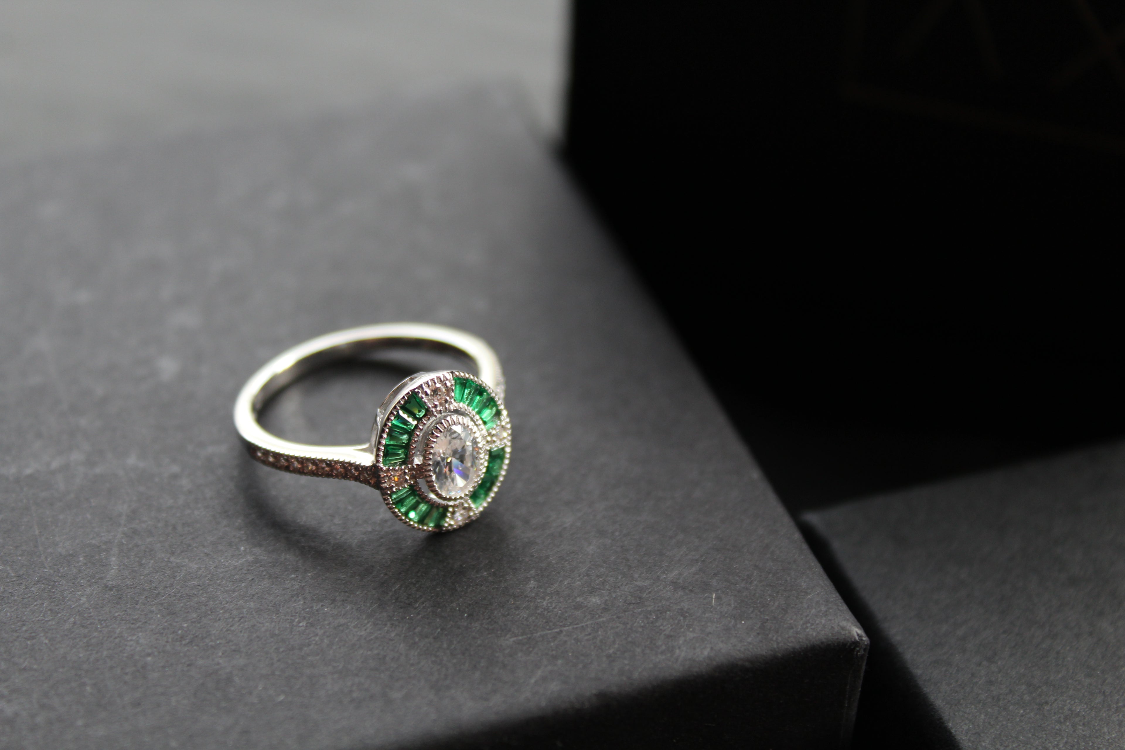 Deco Style Emerald Green Oval Ring