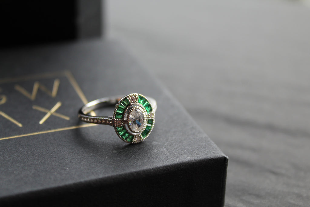 Deco Style Emerald Green Oval Ring