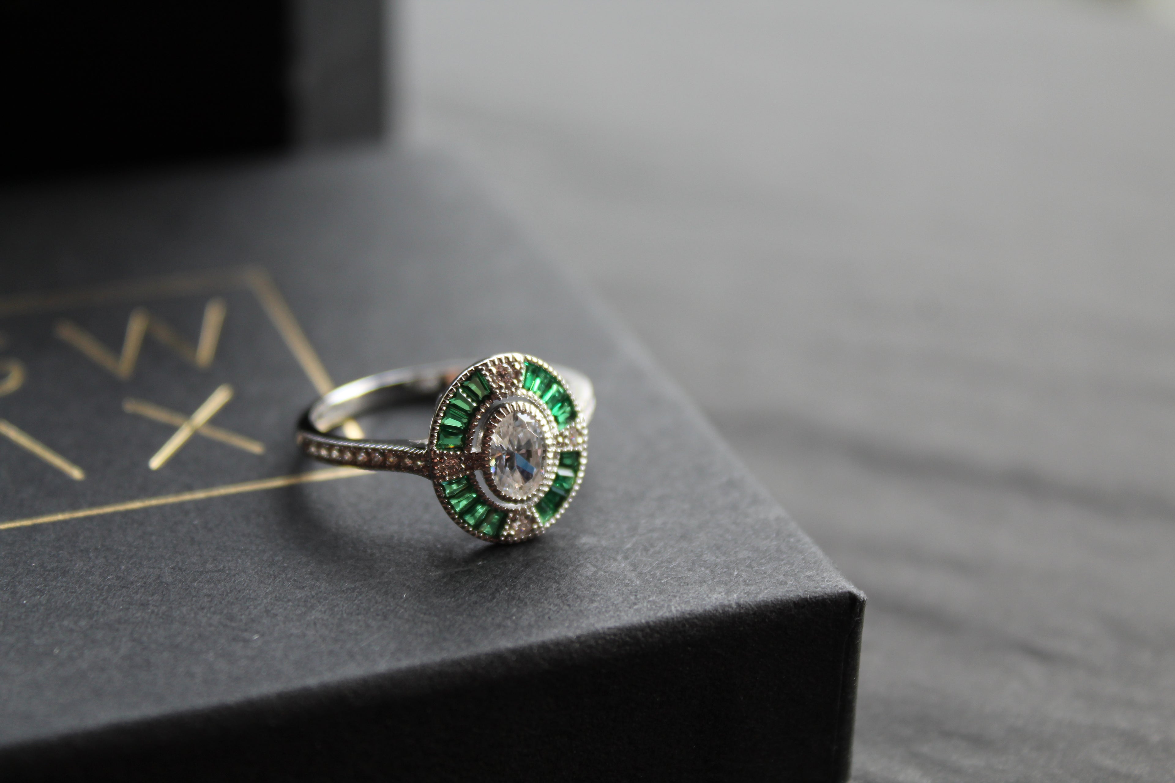 Deco Style Emerald Green Oval Ring