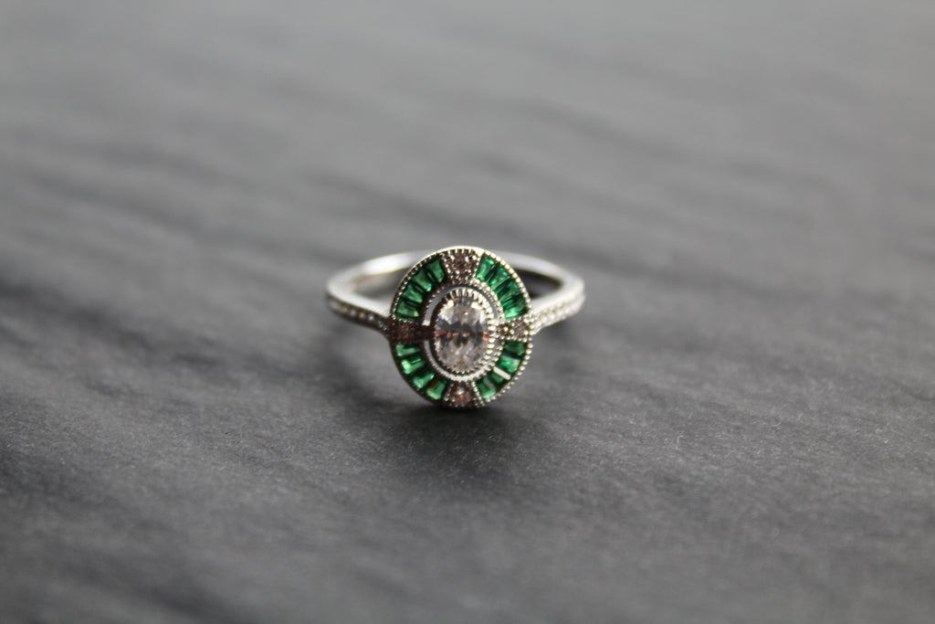 Deco Style Emerald Green Oval Ring