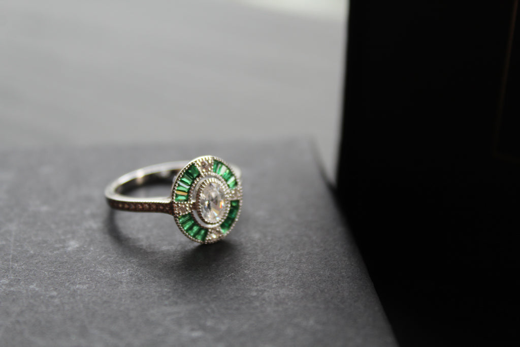Deco Style Emerald Green Oval Ring