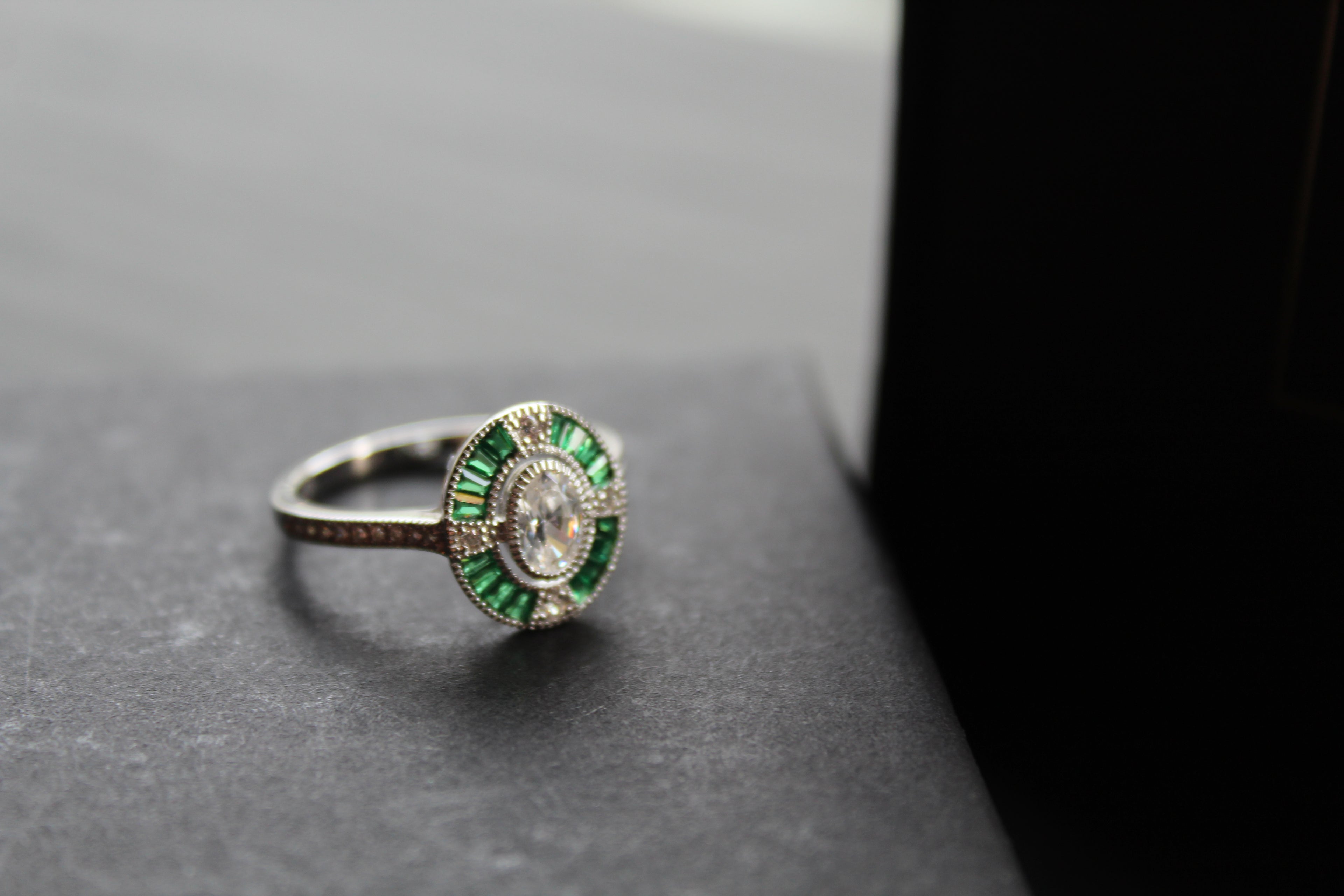 Deco Style Emerald Green Oval Ring