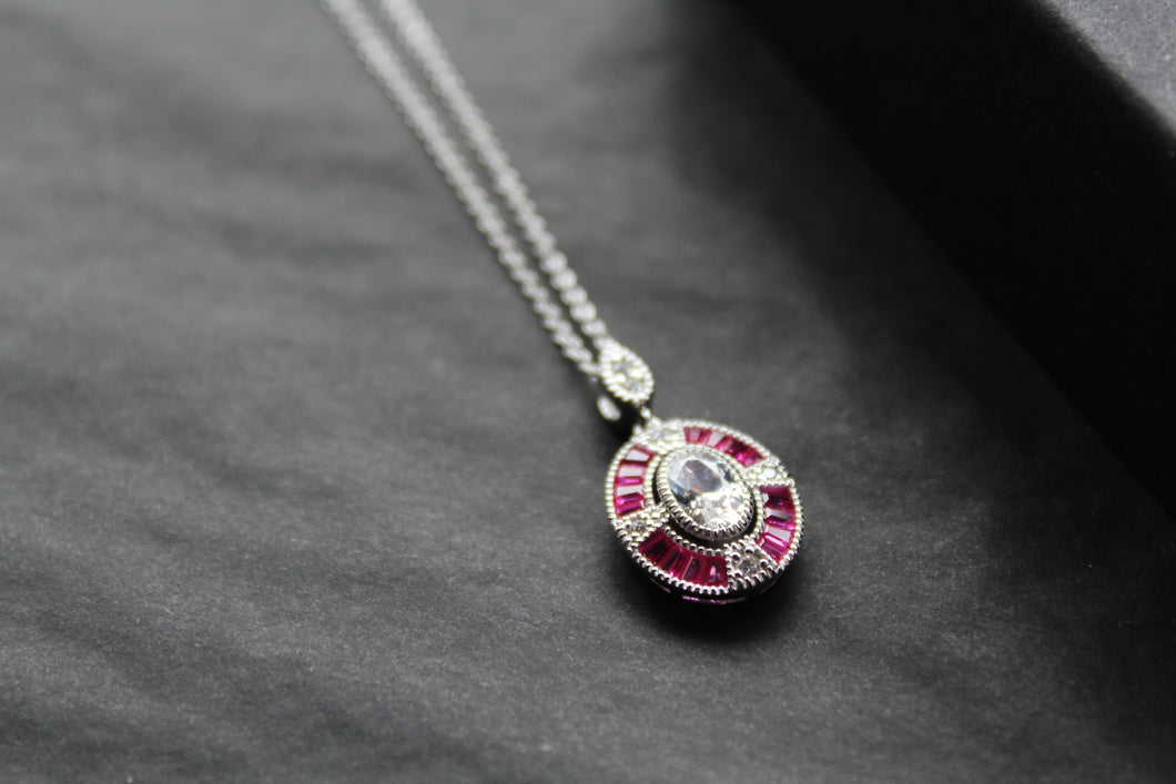 Deco Style Ruby Red Oval Necklace